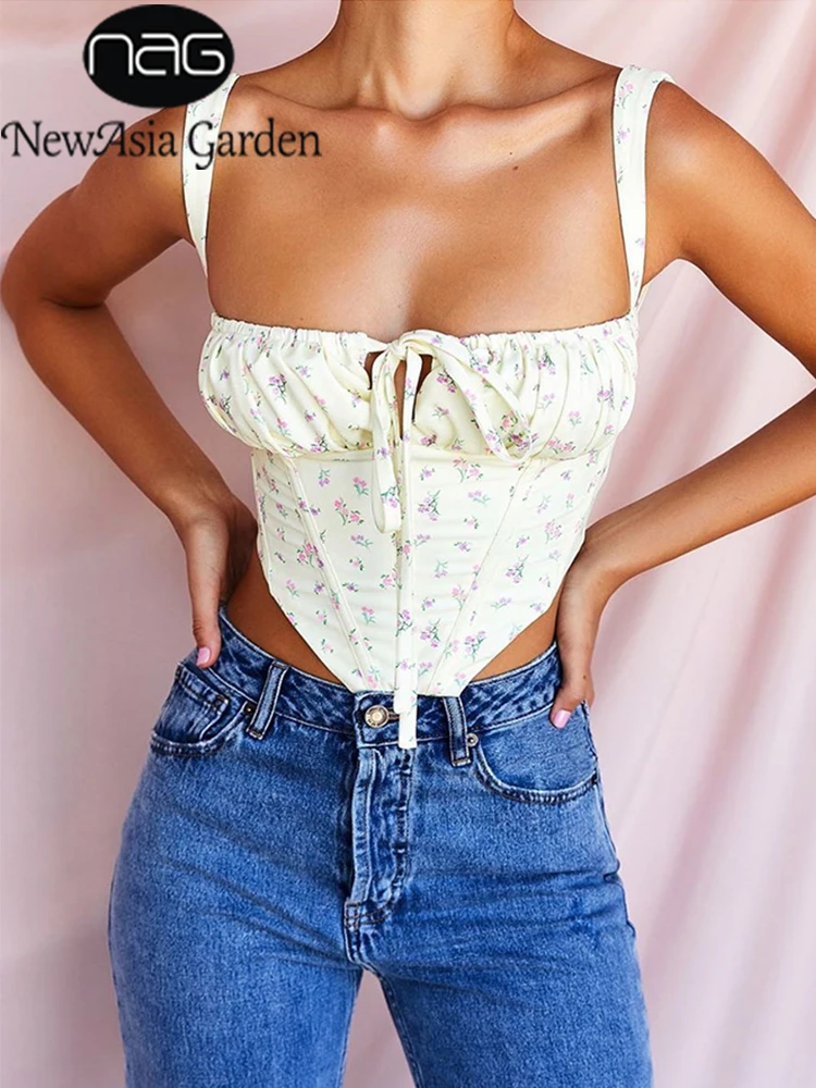 

NewAsia Floral Corset Women Sweet Print Hollow Up Tie Up Sexy Crop Top Summer Sleeveless Ruched Boning Bustier Casual Tank Top