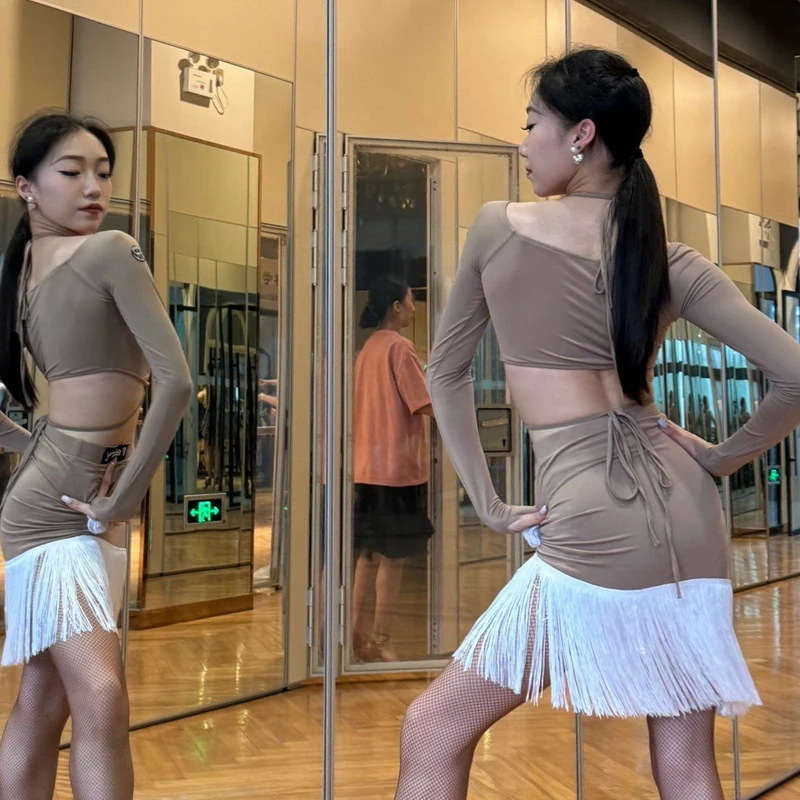 Женское платье для латиноамериканских танцев с длинным рукавом и юбкой бахромой