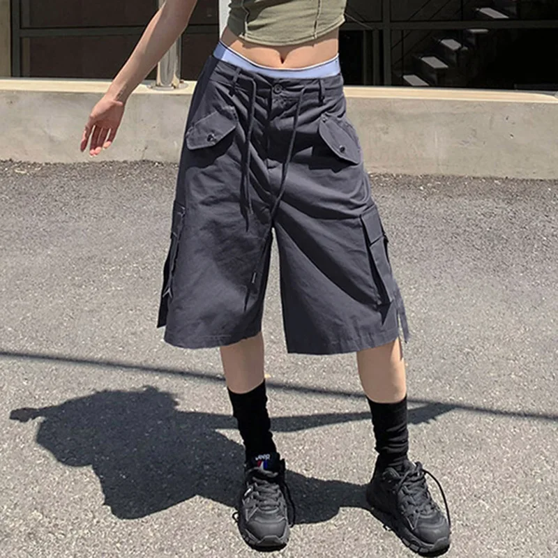 Goth Dark Grunge Y2k Streetwear Bermuda Shorts Vintage Gothic Casual Baggy Cargo Pants Women Fashion Low Raise Pocket Jorts 2023