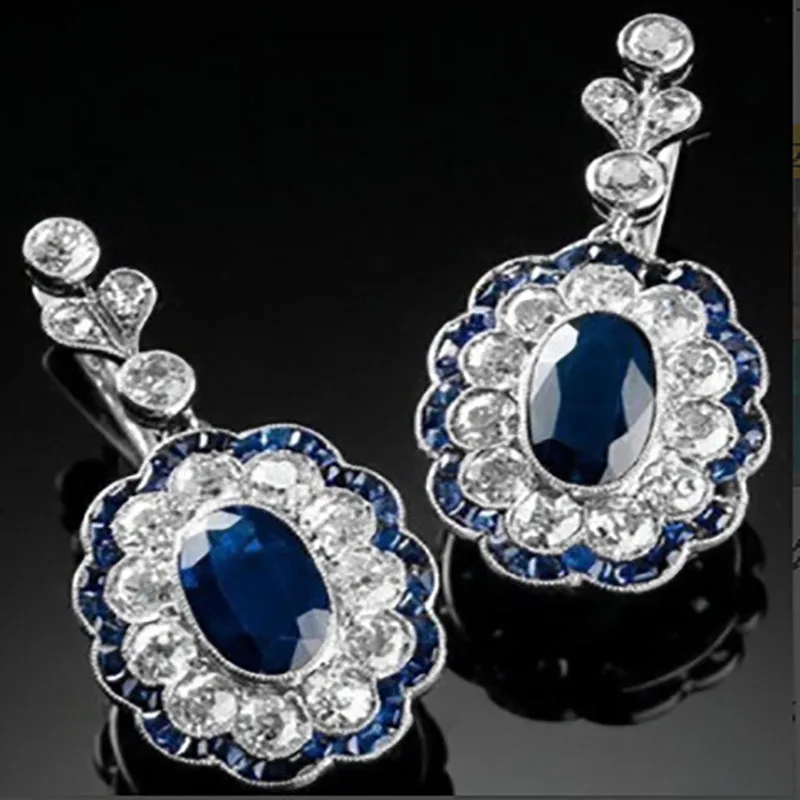 

Luxury Lace Flower Oval White Zirconia Crystal Blue Earrings for Women Party Silver Color Accessories