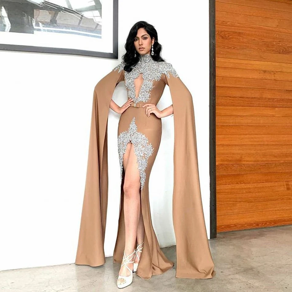 

abiye Champagne Evening Dresses Full Sleeves Front Applique abendkleider Dubai Prom Dress Beading Satin Luxury vestido longo