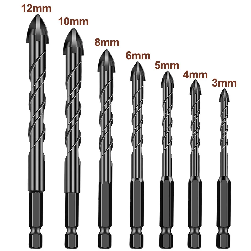 7 Piece Alloy Triangle Glass Ceramic Concrete Hole Saw Hex Shank Spiral Twist Drill Set for Electric Drill and Bench Drill