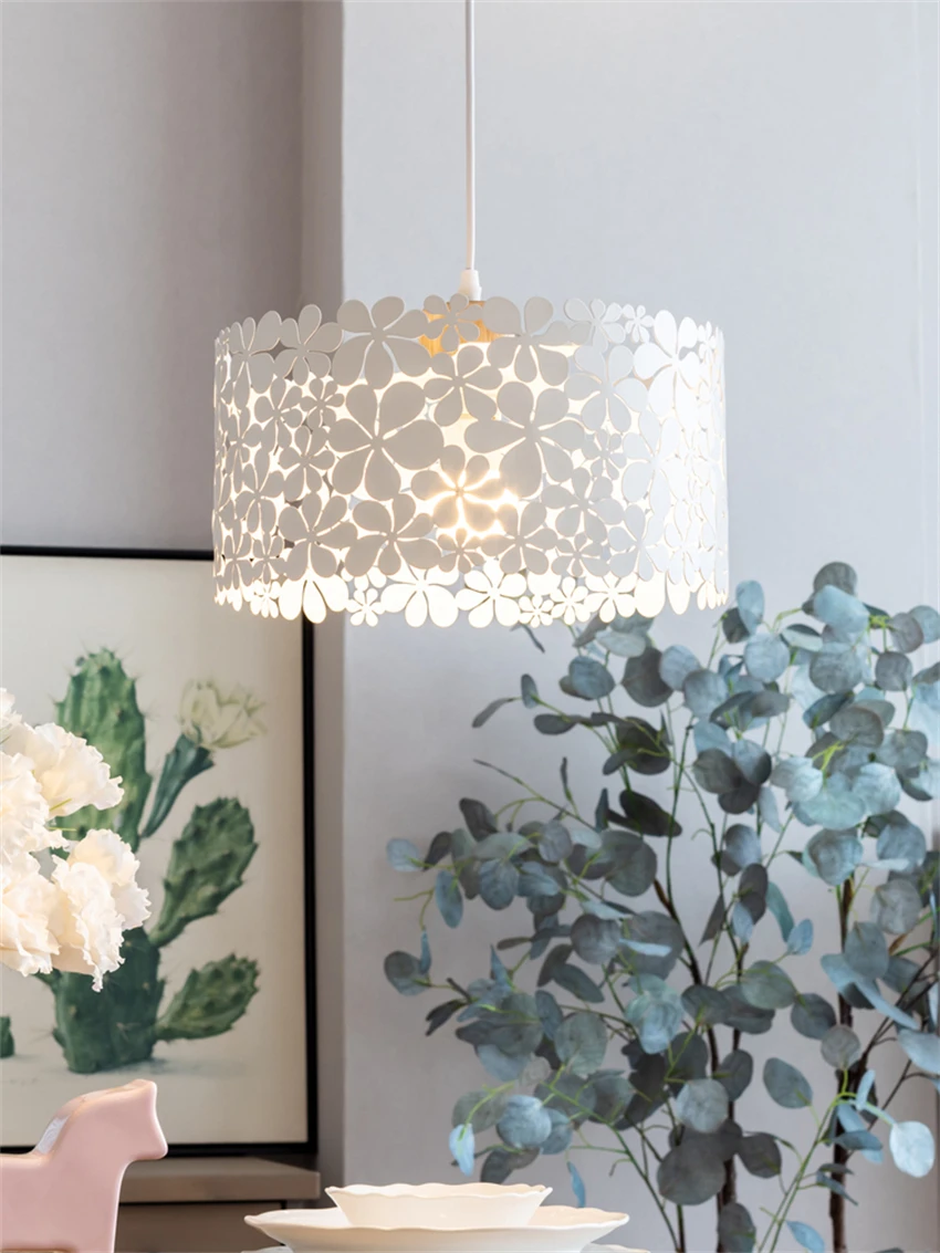 

Nordic white petal carved pendant lights living room kitchen dining lamps single modern aisle bedroom study lamps iron lighting
