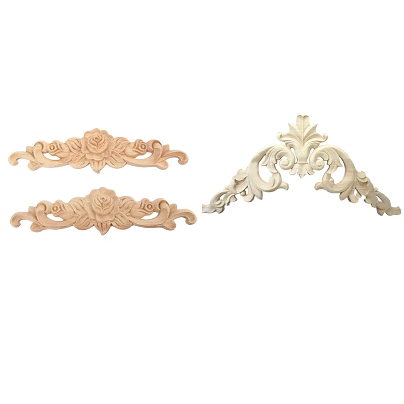 3 Pcs Rubber Wood Carved Corner Onlay Applique Exquisite Unpainted, 1 Pcs 15 X 15Cm & 2 Pcs 20 X 5Cm-FS-PHFU
