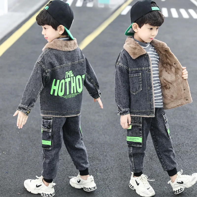 

Winter Boys Warm Clothing Set Jeans Turn-down Collar Jackets + Jogger Pants Cotton Children Thicken Add Wool Denim Outfits 2pcs