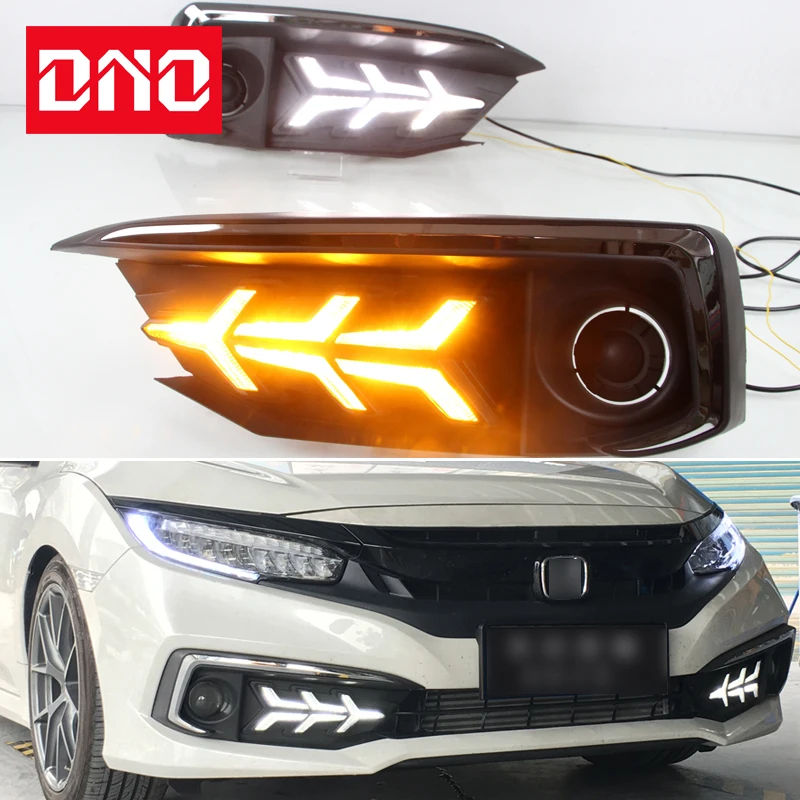 

Автомобильные дневные ходовые огни, дневные ходовые огни для Honda Civic Sedan 2019, 2020, 12 В, желтый индикатор поворота, дневные ходовые огни, противотуманная фара