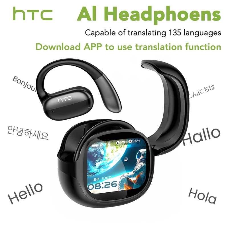 Фото Беспроводные наушники HTC NE58 AI Translate с Bluetooth, LED-экраном, HiFi-звуком, низкой задержкой и костной проводимостью №1