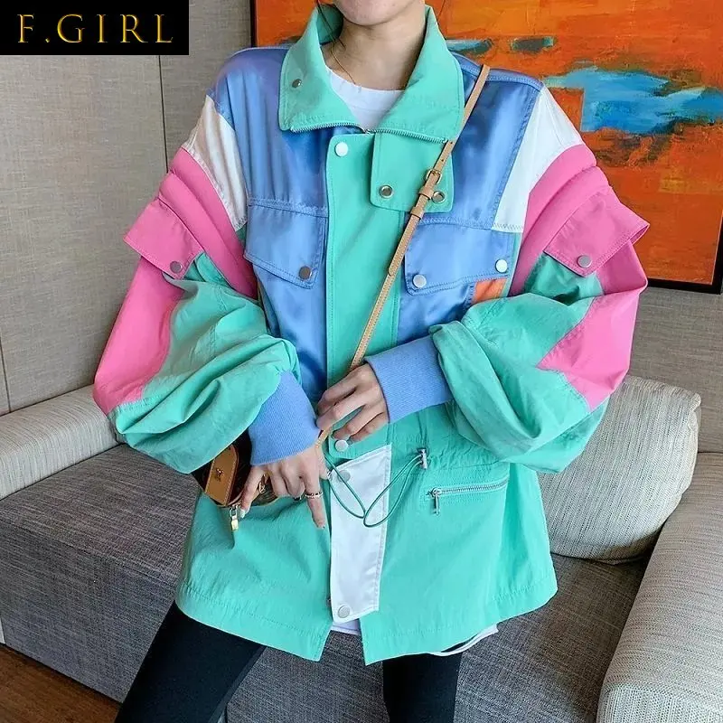 

F GIRLS Women The Long-sleeved Stitching Design Bomber Jacket Outerwear Ladies Safari Style Sky Blue Overcoat