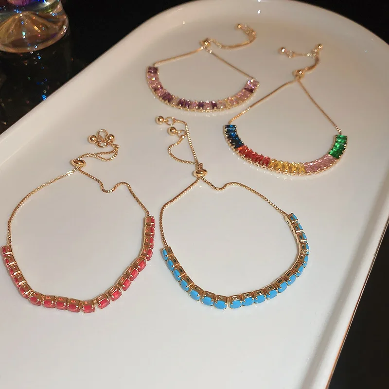 

New Rainbow Bar Bracelets For Women Adjustable Tennis Bracelet Fashion Light Luxury Crystal Bangle Jewelry Gifts