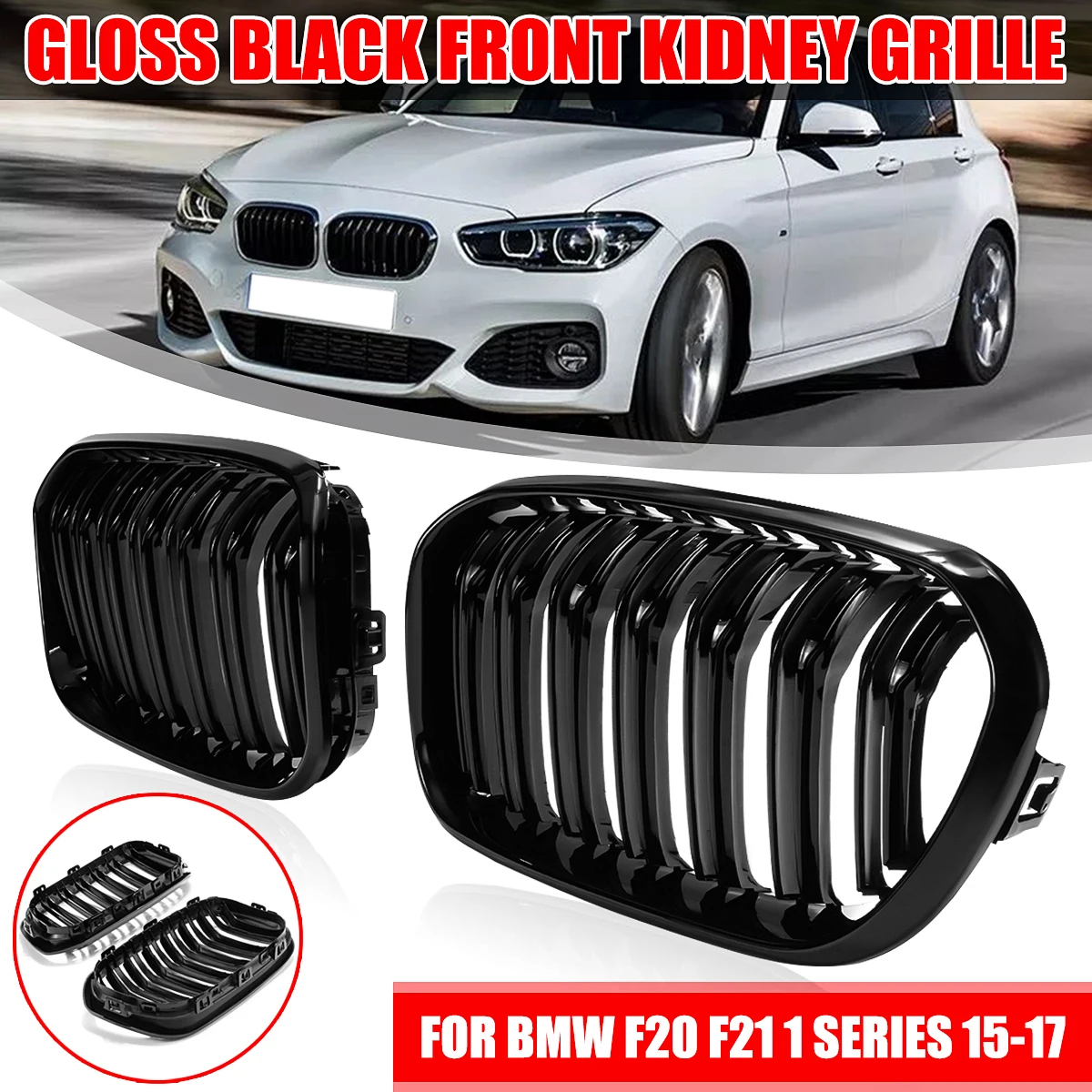 

Pair Double Slat Replacement Racing Grill Grille For BMW 1 Series F20 F21 LCI 120i 2015-2019 Car Front Bumper Kidney Grilles