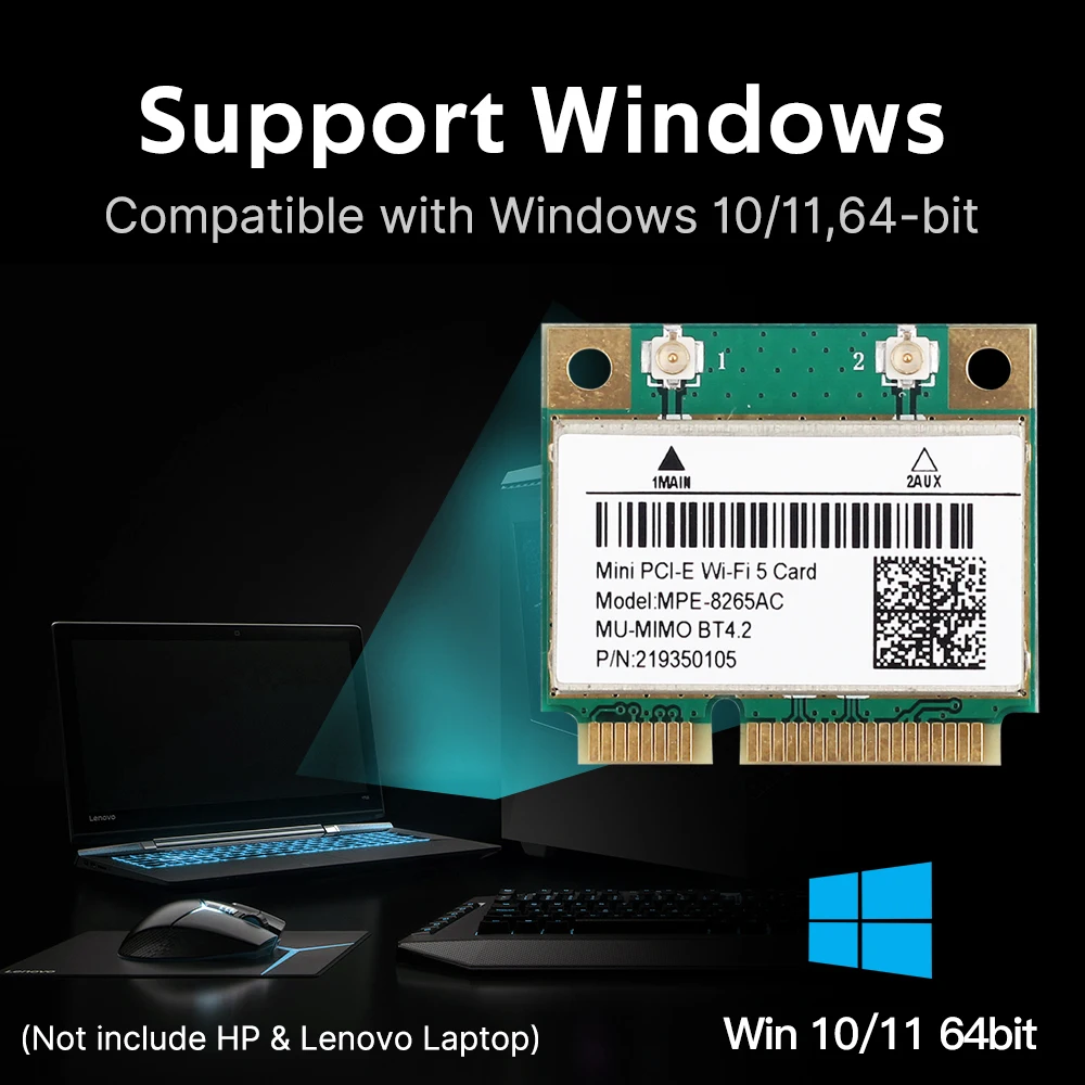 WiFi 5 MPE-8265AC MINI PCI-E WIFI-карта, двухдиапазонная, 2,4G5 ГГц, BT 4,2, 1200 Мбитс, 802.11AC, сетевая карта Wlan для ноутбуков с Windows 7810 (art.: 3920db4bb4383) - 3920db4bb4383