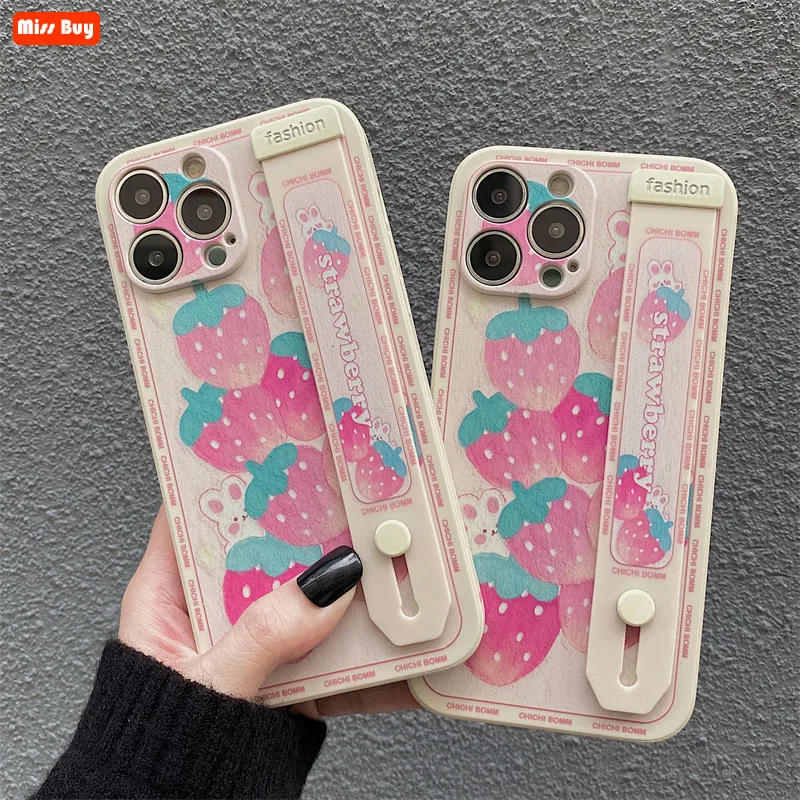 

Pink Strawberry Bunny Printing Wrist Strap Shockproof Case for Huawei P60 Pro Honor 80 se 80 GT 80 Pro Honor Play 6t Pro Cover