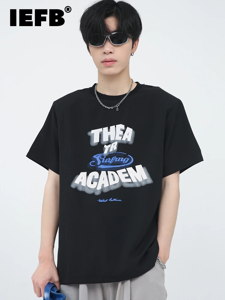 

Футболка IEFB мужская с наплечниками и надписью, модная свободная индивидуализированная рубашка в Корейском стиле с коротким рукавом и кругл...