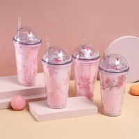 pink cherry blossom lucky cute unicorn micro landscape double layer plastic straw cup cartoon girl children creative gift