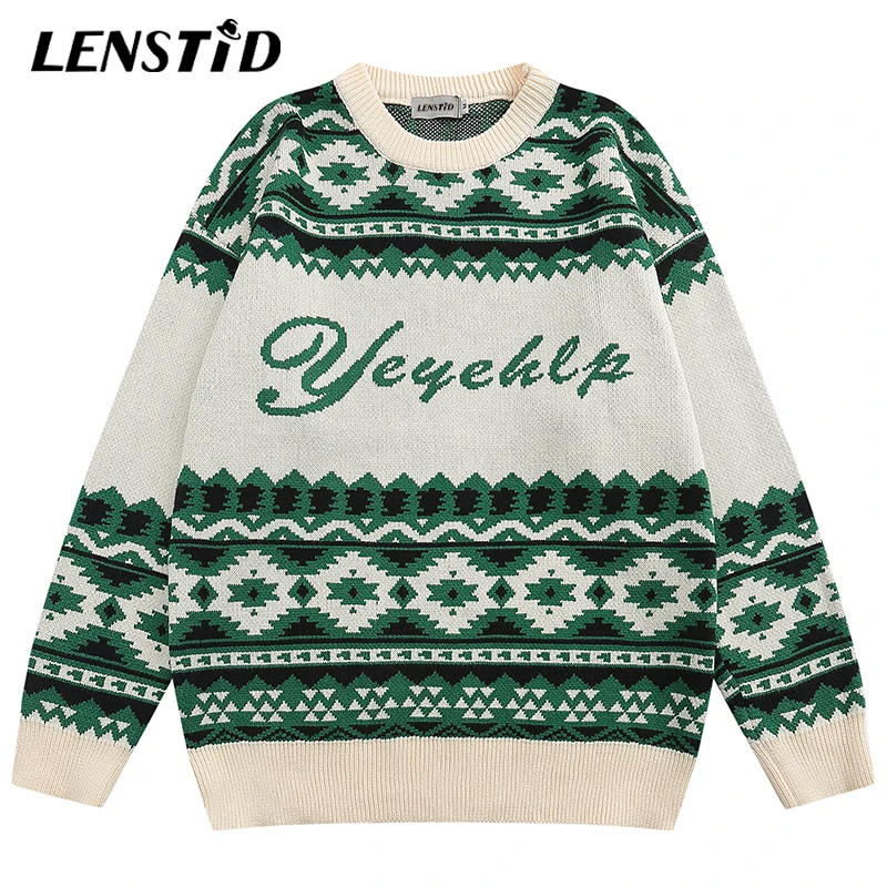 

LENSTID Autumn Men Knitted Jumper Sweaters Hip Hop Geometric Graphic Streetwear Harajuku Fashion Casual Male Pullovers Clothing