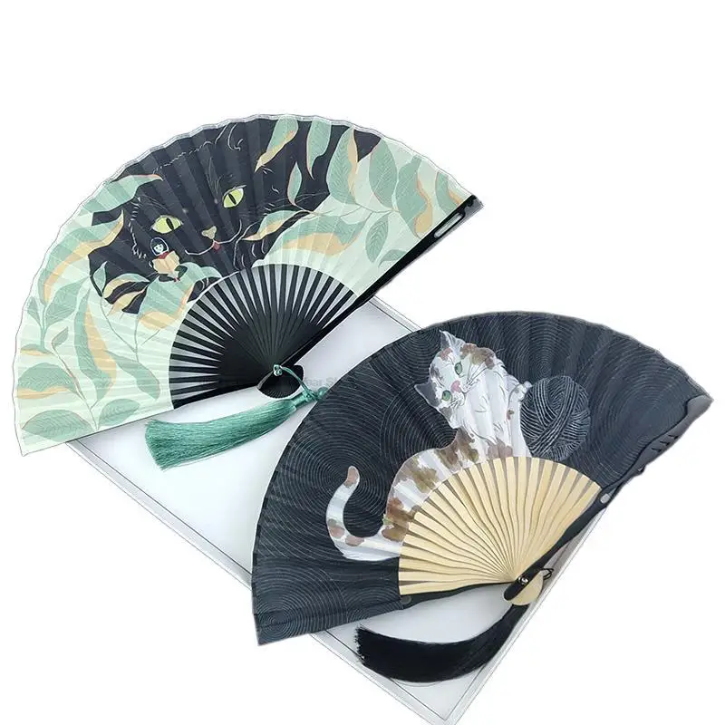 

Chinese Fan Folding Fan Summer Portable Folding Fan Cat Cotton Oriental Japanese style Classical Fan Hanfu Accessories Gifts