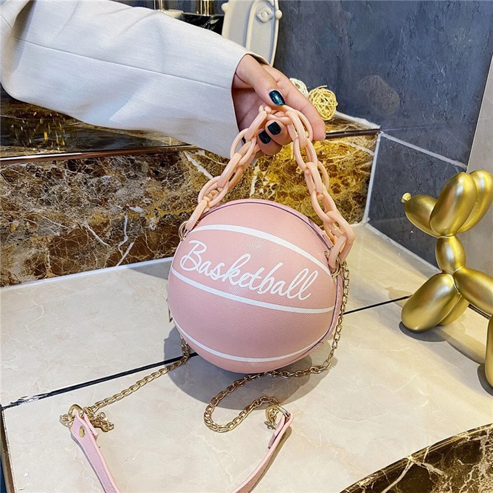 

Personality INS Fashion Women Ball Bag Soft PU Leather Round Crossbody Thick Chain Hand Bags And Purses Female Basketball Bag