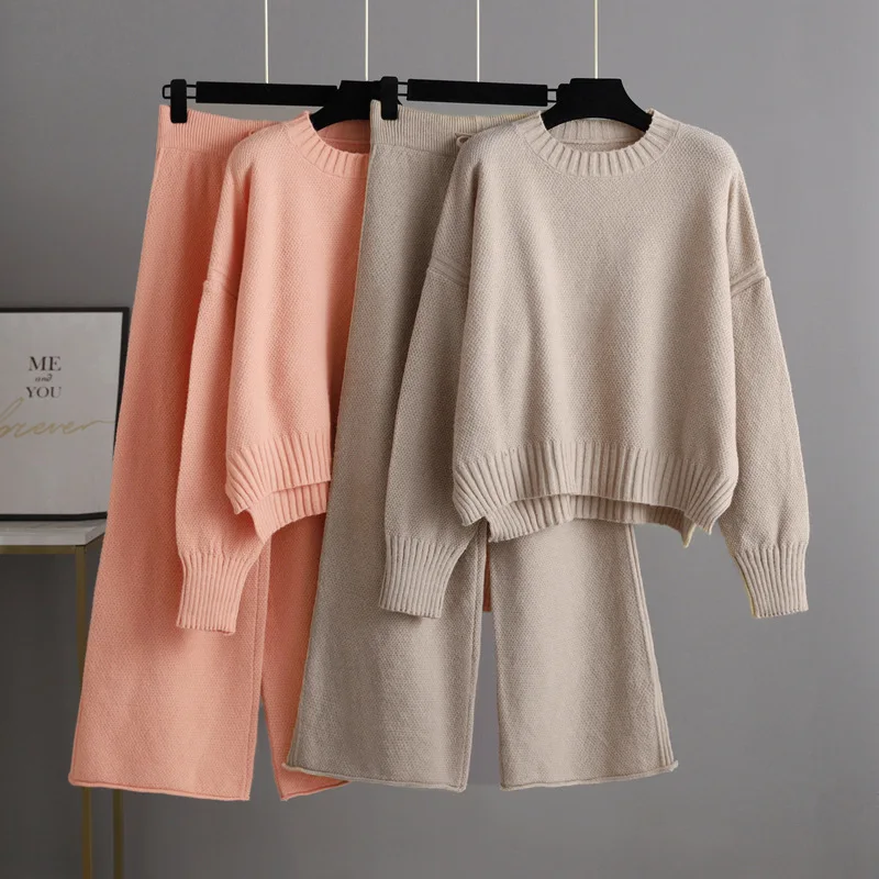 

Autumn and Winter New Fashion Casual Knitted Suit Pants Women's Korean Version Loose Sweater Wide Leg Pants Pants Two Piece Set