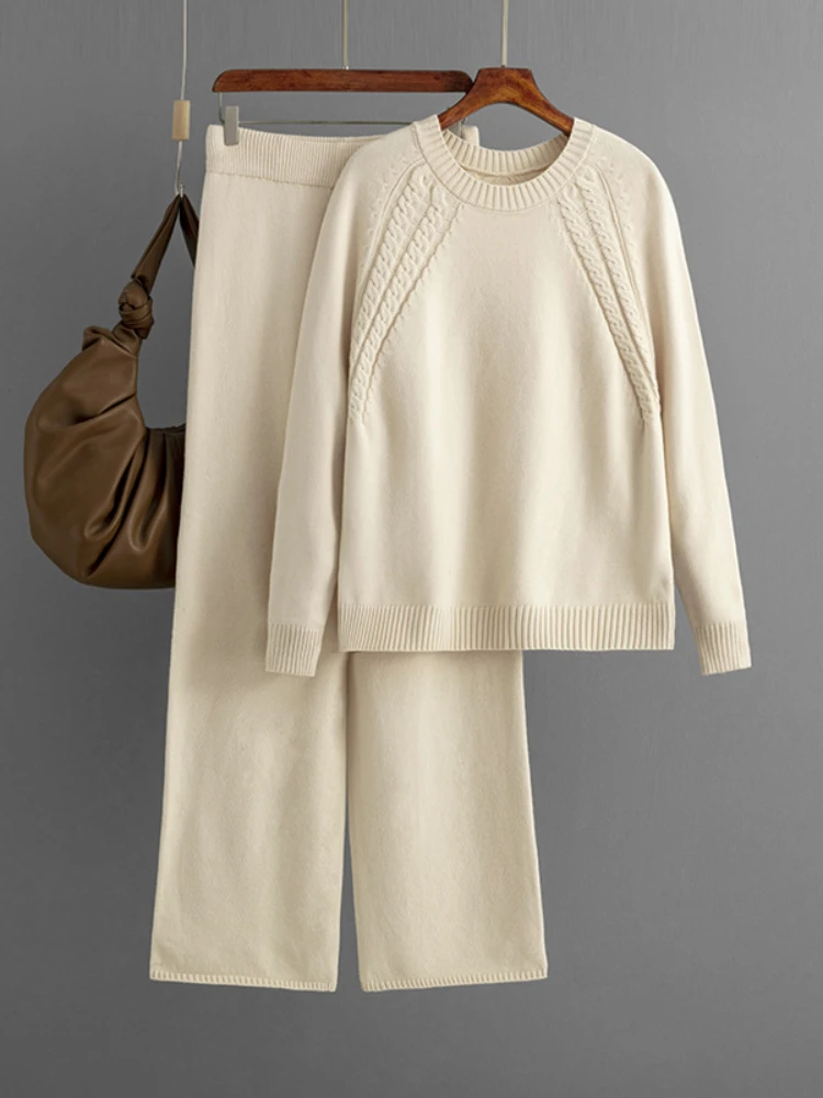 

Two Piece Set Women Top and Pants 2024 Autumn/Winter Solid Knit Sweater Sets Loose Wide Leg Pant Sets Womens Clothing Streetwear