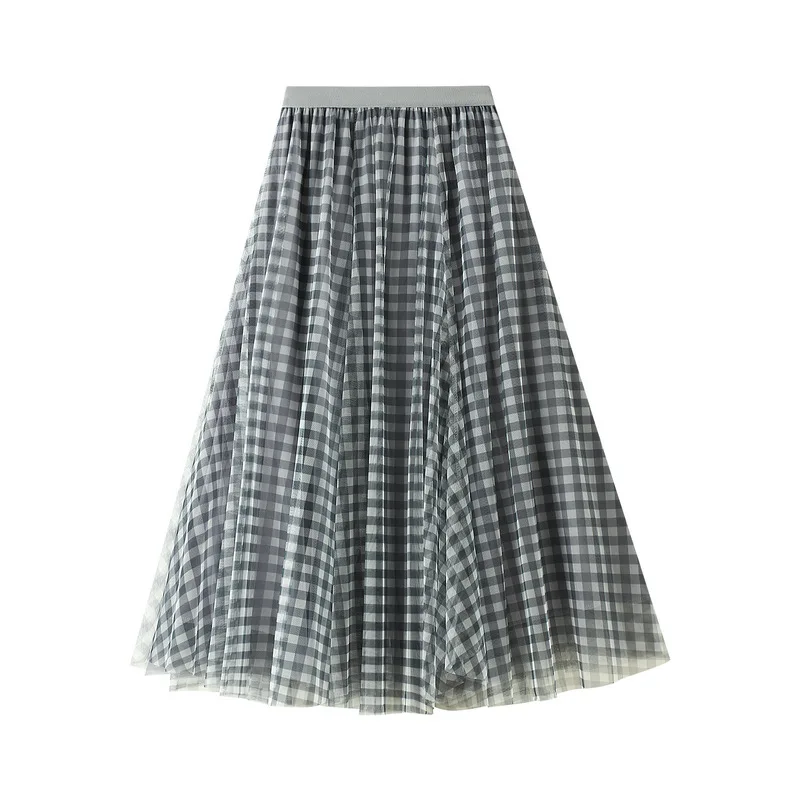 2023 Summer Women's Plaid Tulle Skirt Retro Contrast Plaid Black Blue Khaki A-LINE High Waist Office Skirt 8806