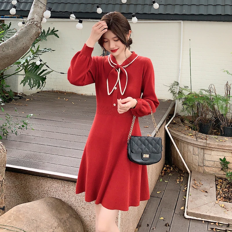 

2022Spring New French MinorityChicBow Tie Knitted Long SleeveAWord Thin Dress