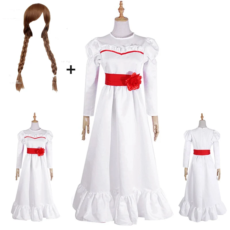 

ConjingDoll Annabelle Halloween Horror White Dress Cosplay Costume Anime Game Long Sleeve O Neck Female Perform Dresses