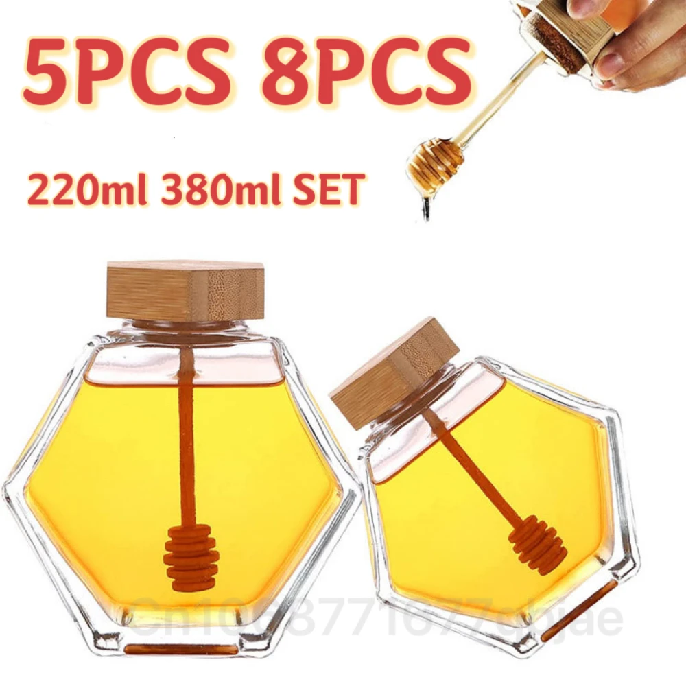 

5PC 8PCS Sealed Glass Honey Jar Hexagonal Design Eco-friendly Clear Jam Container with Wooden Mixing Stick Home Kitchen Storage