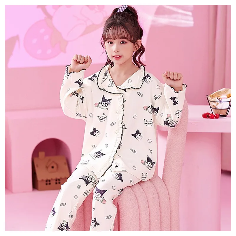 

Sanrios Kawaii Милая одежда для сна для девочек комплект Аниме Kuromi Cinnamoroll Hellokittys штаны с длинным рукавом пижамный комплект детский подарок
