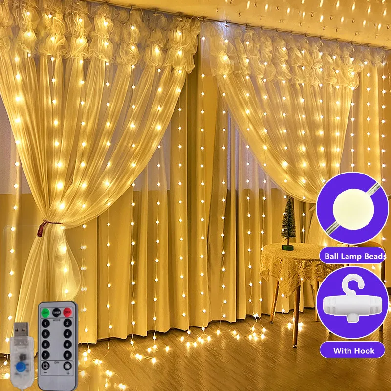 

LED Ball Curtain Light With Hook on The Window Curtain Garland USB Remote Living Room Bedroom Christmas Wedding Decoration Light