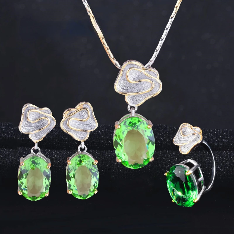 

Women Gold Jeweler Auspicious Clouds Olive Green Set Creative Clouds TwoColor Open Rings Ear Studs Colored Gems Pendant Necklace