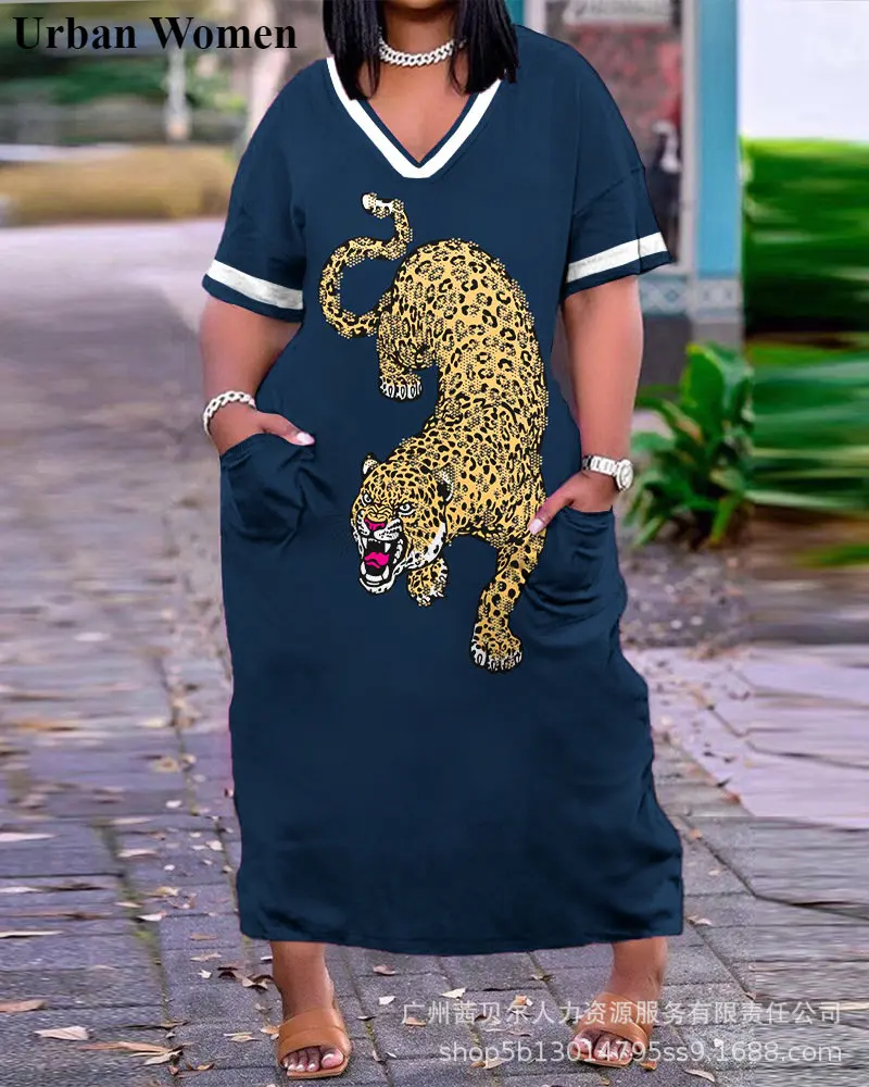 

Summer Fashion Loose Print Dress Women Casual Large Size Pocket Print Midi Dress Women