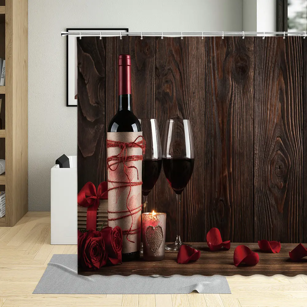 

Red Rose Wine Shower Curtain Valentines Romantic Floral Blooming Flower Panel Pattern Waterproof with Hooks Bathroom Curtains