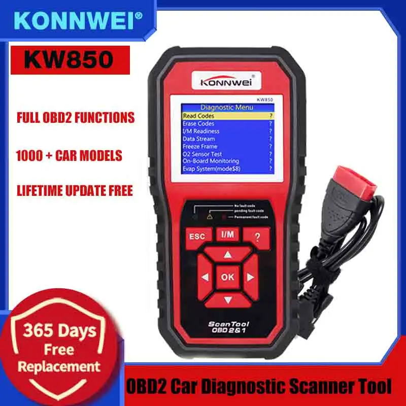 

Автомобильный сканер KONNWEI KW850, многоязычный полнофункциональный OBD2 считыватель кодов, obd2 диагностический инструмент, лучше, чем AL519
