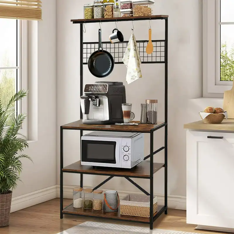 

4-Tier Bakers Rack Kitchen Storage Shelf Oven Stand with 10 Hooks