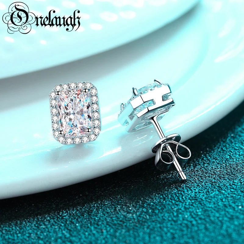 

Onelaugh Certified Radiant 1CT 2CT Moissanite Stud Earrings for Women 925 Silver Emerald VVS1 Diamond Moissanite Halo Earring