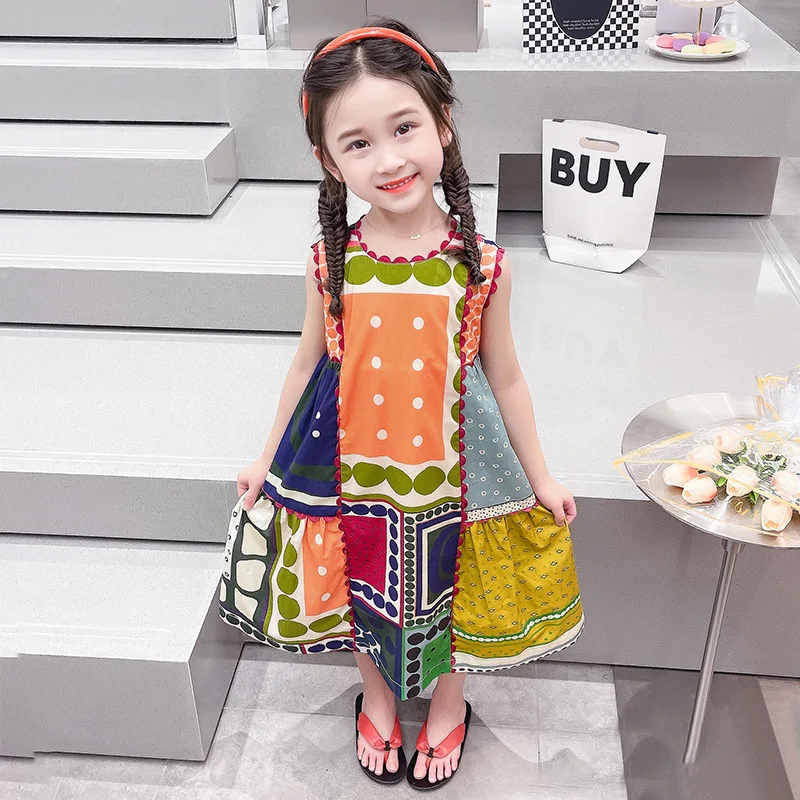 

Girls Dress Summer Princess Sleevesless Retro Color Matching Geometry Dress Tank Tops Dresses for 2 To 8 Years Old Kids