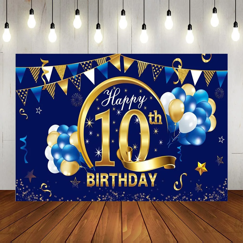 

Happy 10th Birthday Party Backdrop Decoration Blue Gold Balloon Diamond Photography Booth Background Ten Year Anniversary Poster