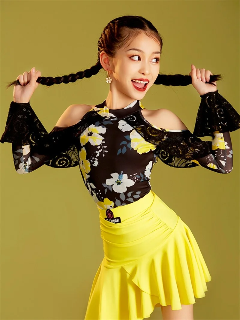 

Girls Printing Latin Dance Dress Practice Set Summer Standard Art Test Split Dance Skirt Suit Performance Competition Dance Wear