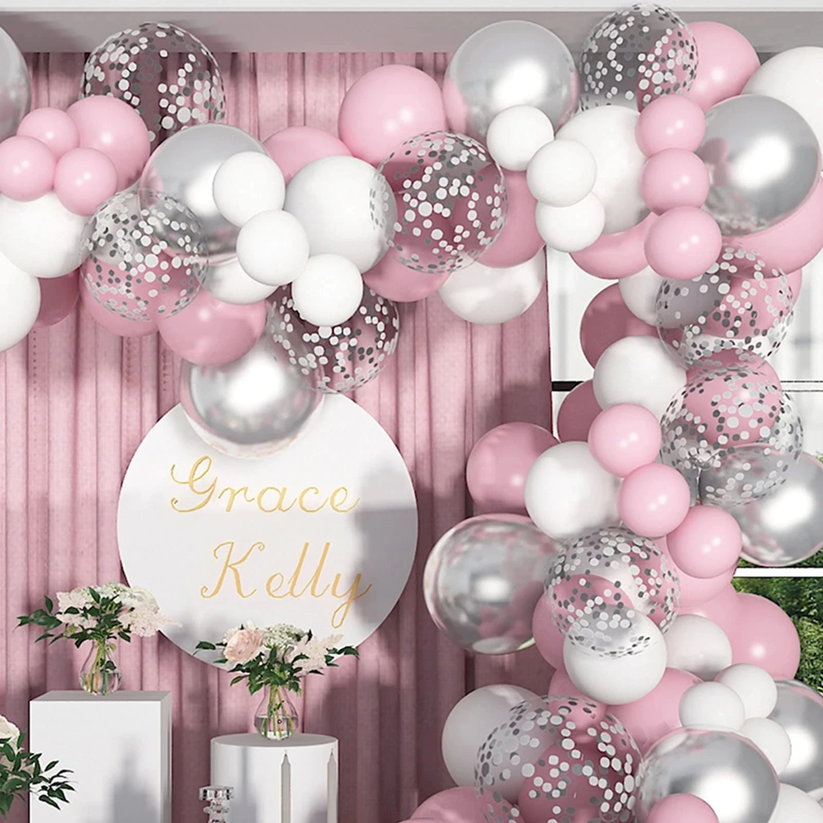 

Pink White Silver Confetti Balloons Garland Arch Set for Baby Shower Girls Birthday Party Valentine's Day Wedding Decor Supplie