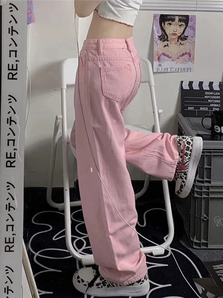 Фото Женские мешковатые джинсы Y2K розовые милые модные джинсовые брюки оверсайз с