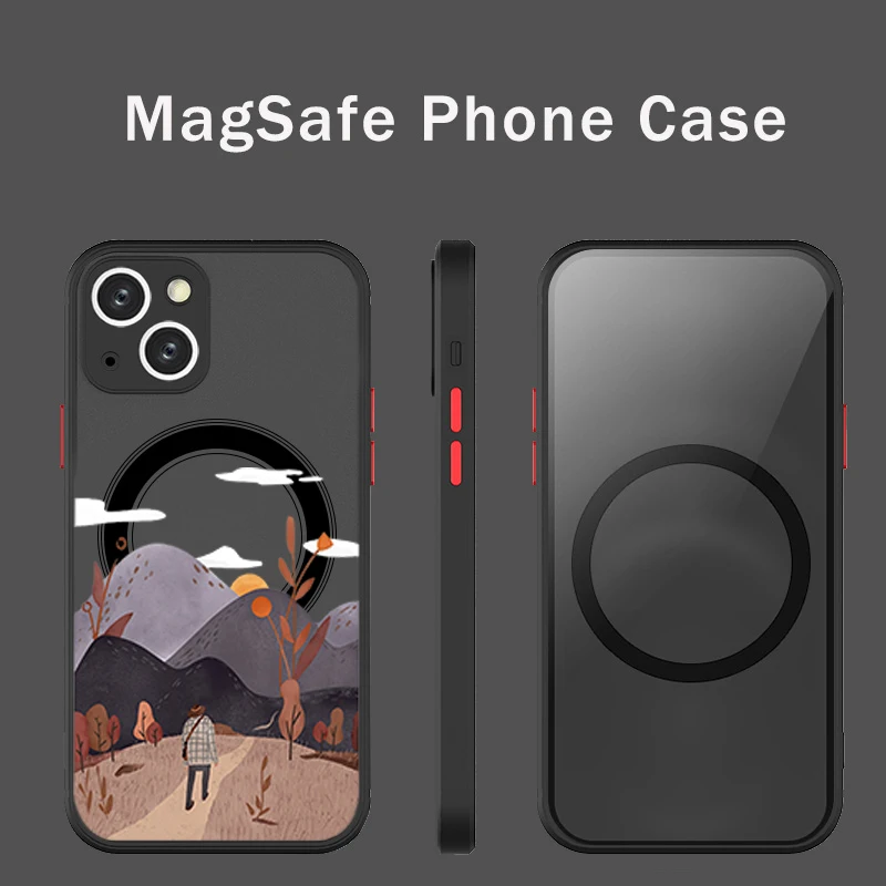 

Super Magnetic MagSafe Retro Mountain Sunrise Design Phone Case for Iphone 13 12 Pro Max Mini hand-painted landscape