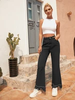 retro fashion versatile washed denim trousers casual tassel high waist office lady flared pants washed elegant solid women jeans
