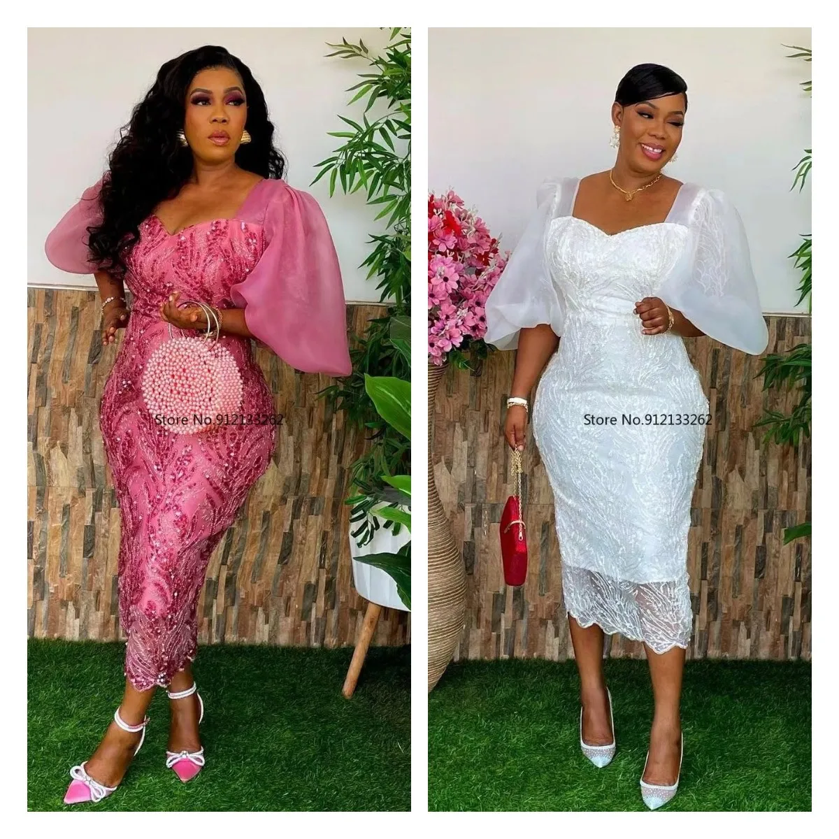 

2023 Spring Summer African Women Half Sleeve Polyester Sequined White Pink Knee-length Dress Dashiki African Dresses for Women