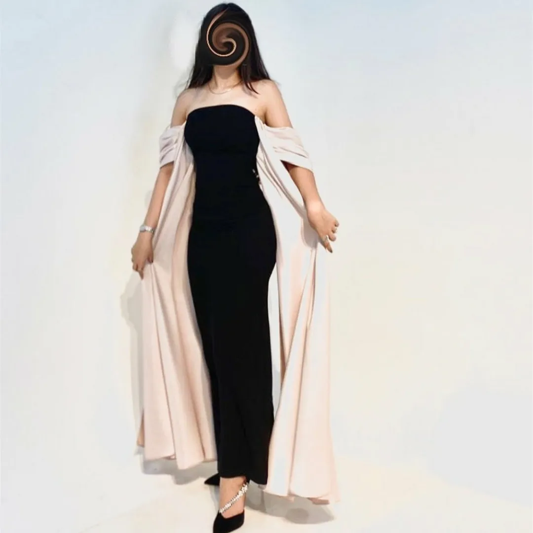 

Elegant Long Satin Strapless Evening Dress With Cape Sheath Ankle Length Robe De Mariée Party Gown For Women