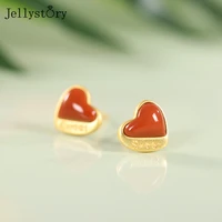 jellystory 925 sterling silver red agate stud earrings for women simple heart female earrings wedding anniversary fine jewelry