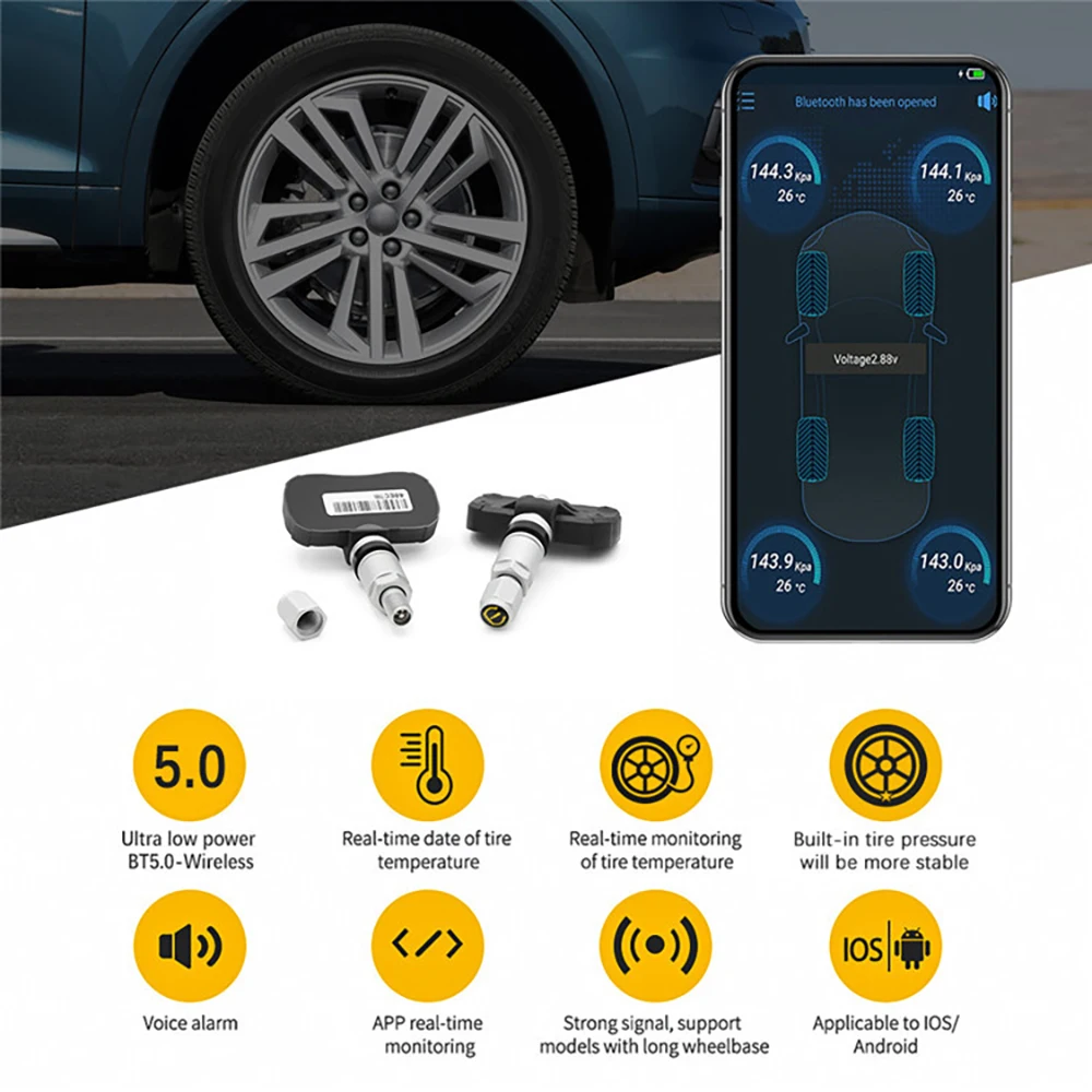 

Car TPMS Bluetooth 5.0 Tyre Pressure Monitoring System Car Truck Real Time Tire Pressure Internal 4 Sensors Android/iOS Phones