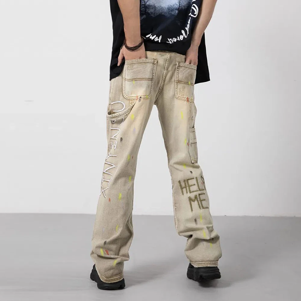 American Retro Embroidered Letters Denim Trousers Men's 2023 New High Street Loose Wide-leg Jeans Street Wear Straight-leg Pants