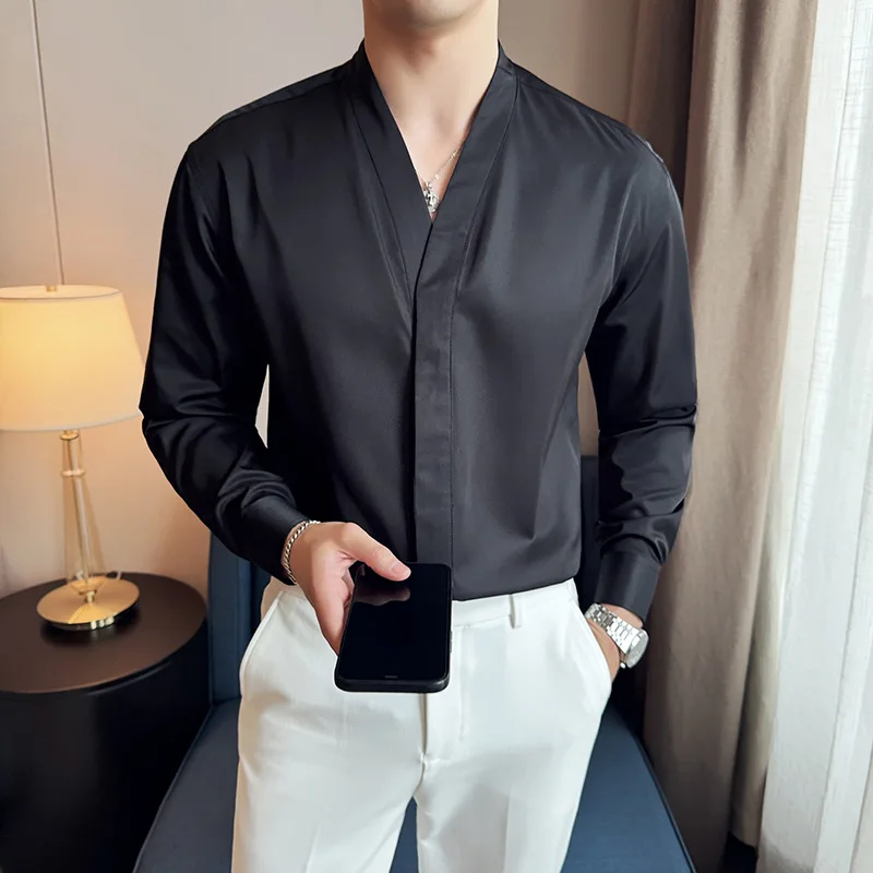 Фото Высококачественные рубашки без воротника, Мужская Модная приталенная Повседневная рубашка с длинным рукавом, деловая офисная формальная рубашка, мужская одежда №1