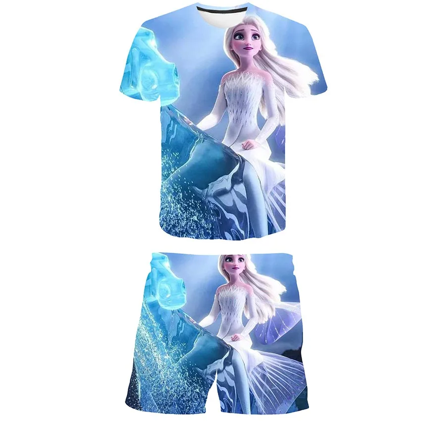 

Summer Children Frozen 2 Sets Short Sleeve T Shirts Shorts Elsa Anna Princess Kids Girls Cartoon Casual Disney Costumes Outfits