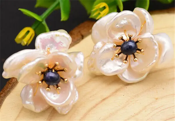 

925 Silver Earrings Black Natural Stone Baroque Pearl Flower Handmade Earrings